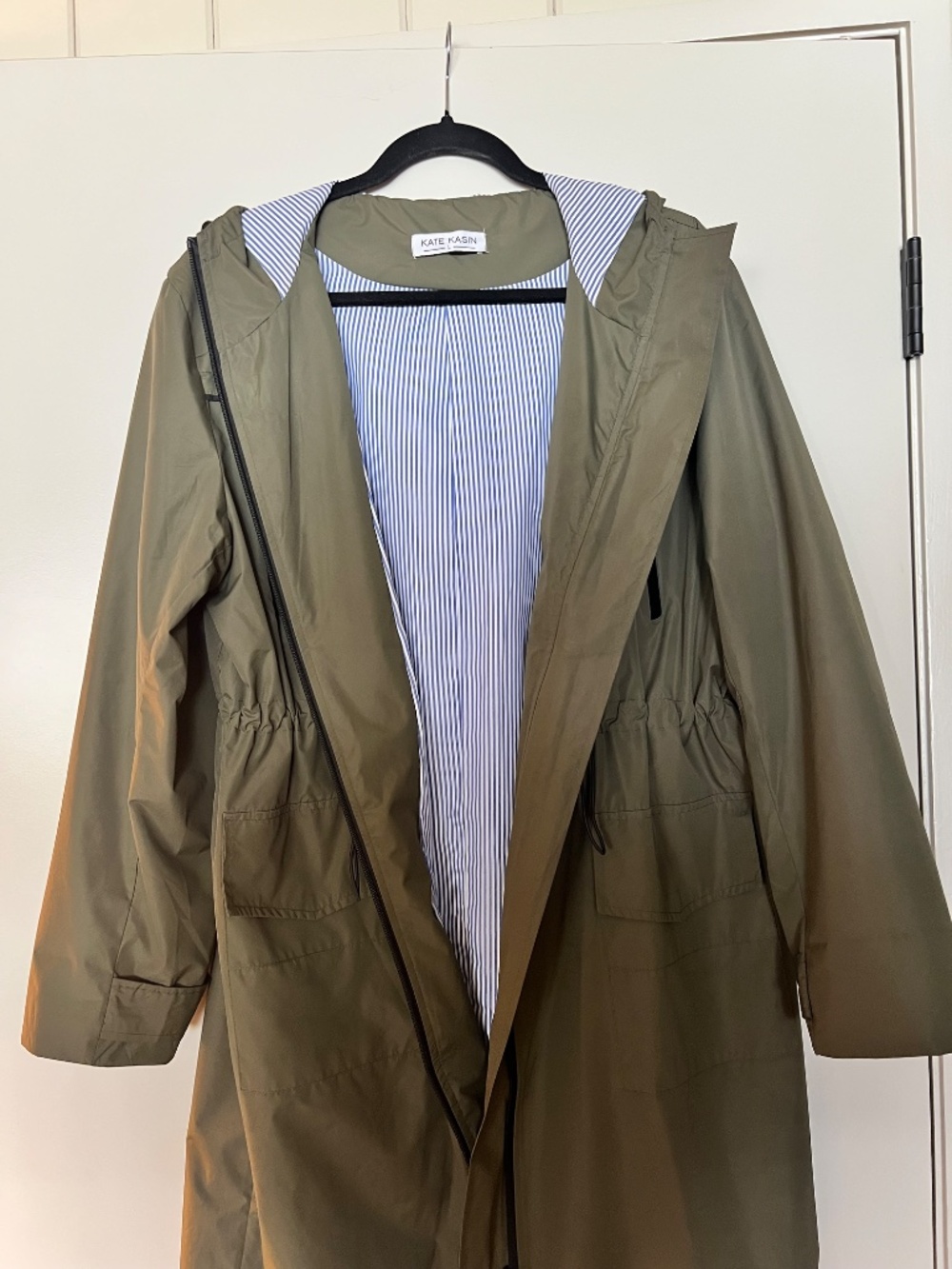 Kate Kasin Olive Green Raincoat Parka Jacket Striped Lined Hooded Large - Picture 3 of 6